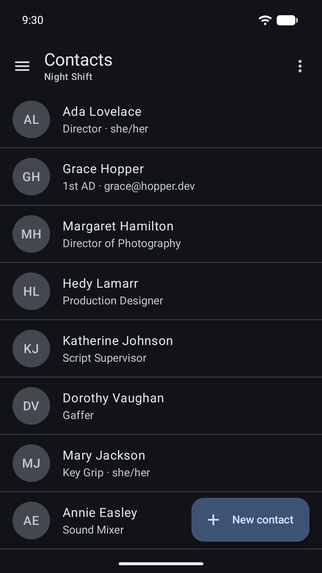 A dark production contact list organized by department