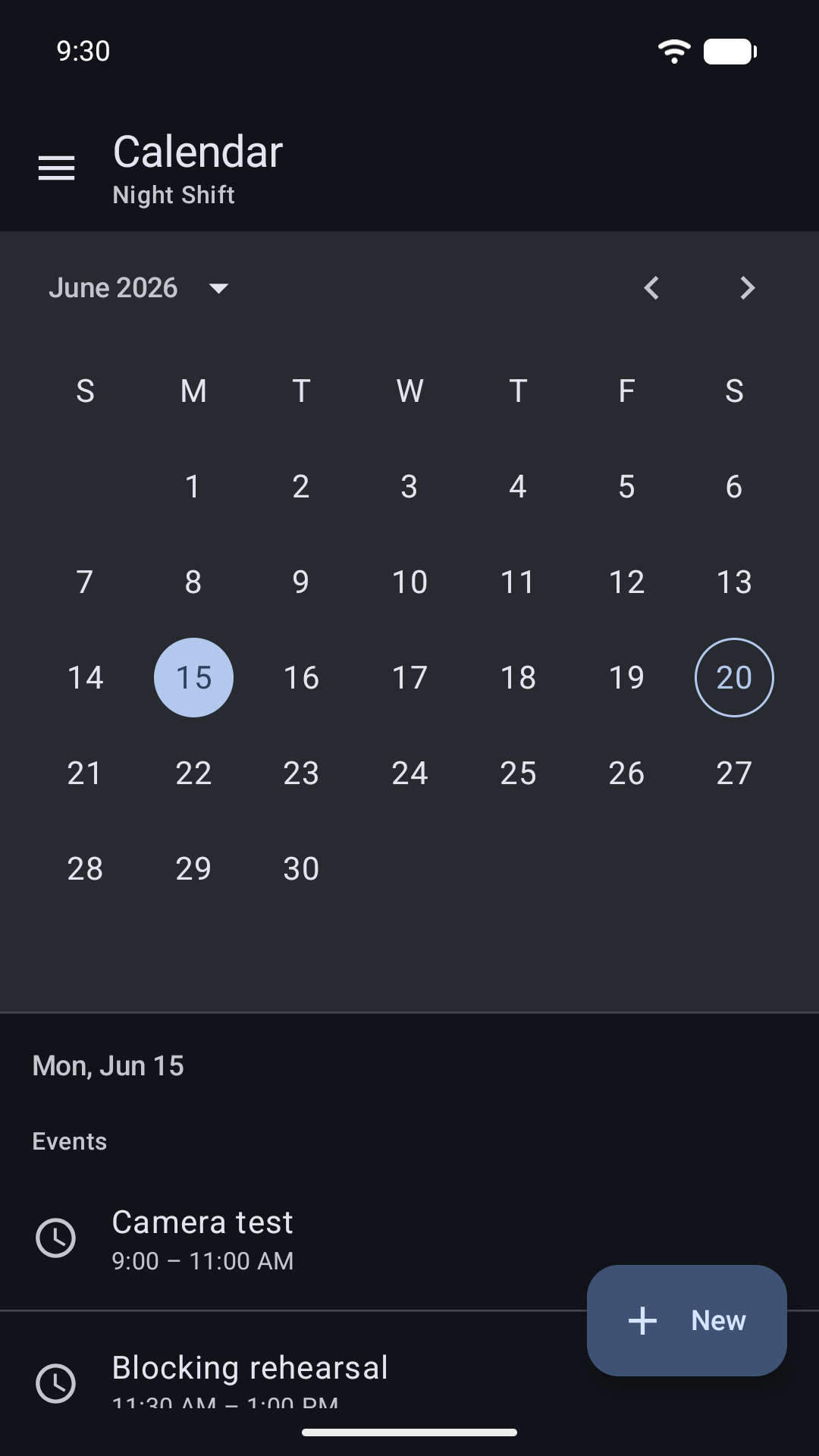 A dark production calendar showing scheduled events